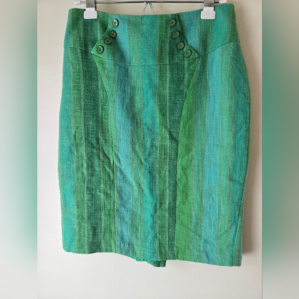 Eva Franco, Multi Green Woven Pencil Skirt, Buttons, Anthropologie, Size 6